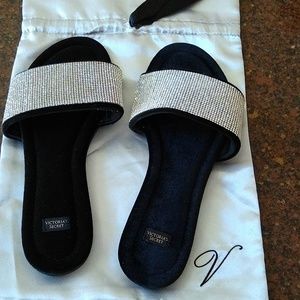 Victoria's Secret M Rhinestone Slippers Black in a Silver Fabric Bag